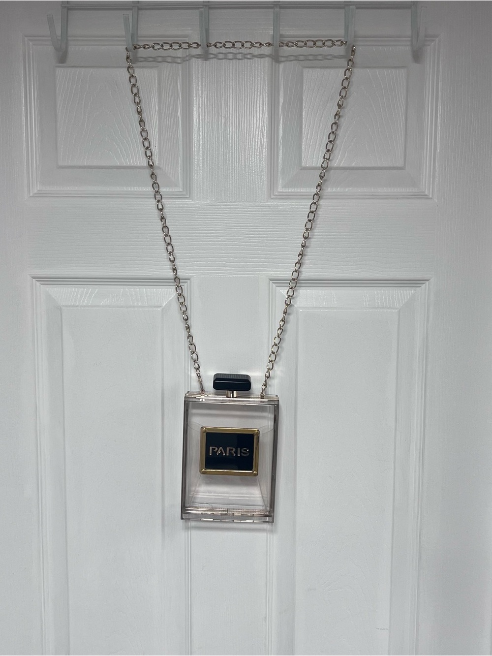 Clear Paris Perfume Bottle Cross Body Purse - Gold & Black Accents